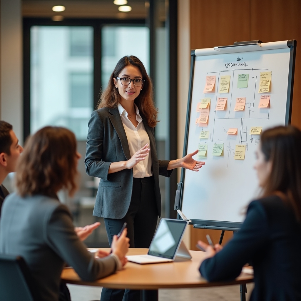 Líder facilitando una reunión de equipo frente a una pizarra