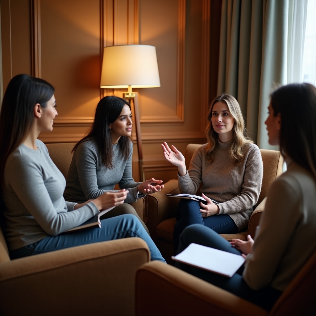 Grupo de líderes conversando en un espacio de trabajo distendido sobre la dinámica de sus reuniones