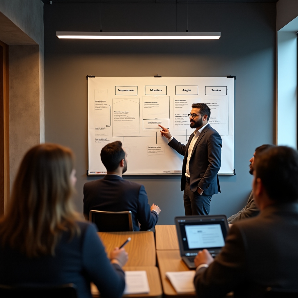 Facilitador explicando una estructura de reunión en un taller para líderes