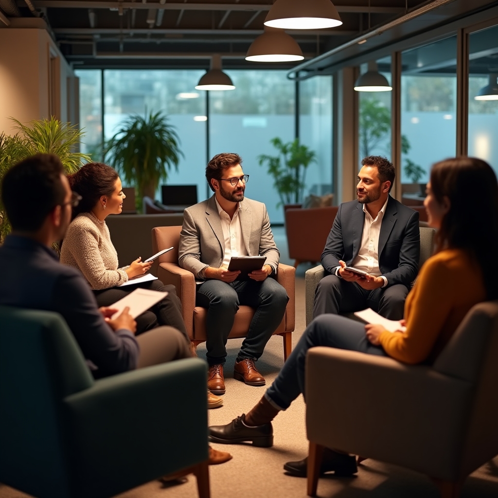Equipo sentado en círculo durante una retrospectiva de proyecto